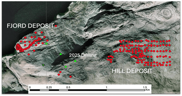 Fjord and Hill Deposit drill hole locations for 2007, 2010, 2013, 2024 in red with 2025 drill hole collars completed in July with 9 diamond holes awaiting drilling.