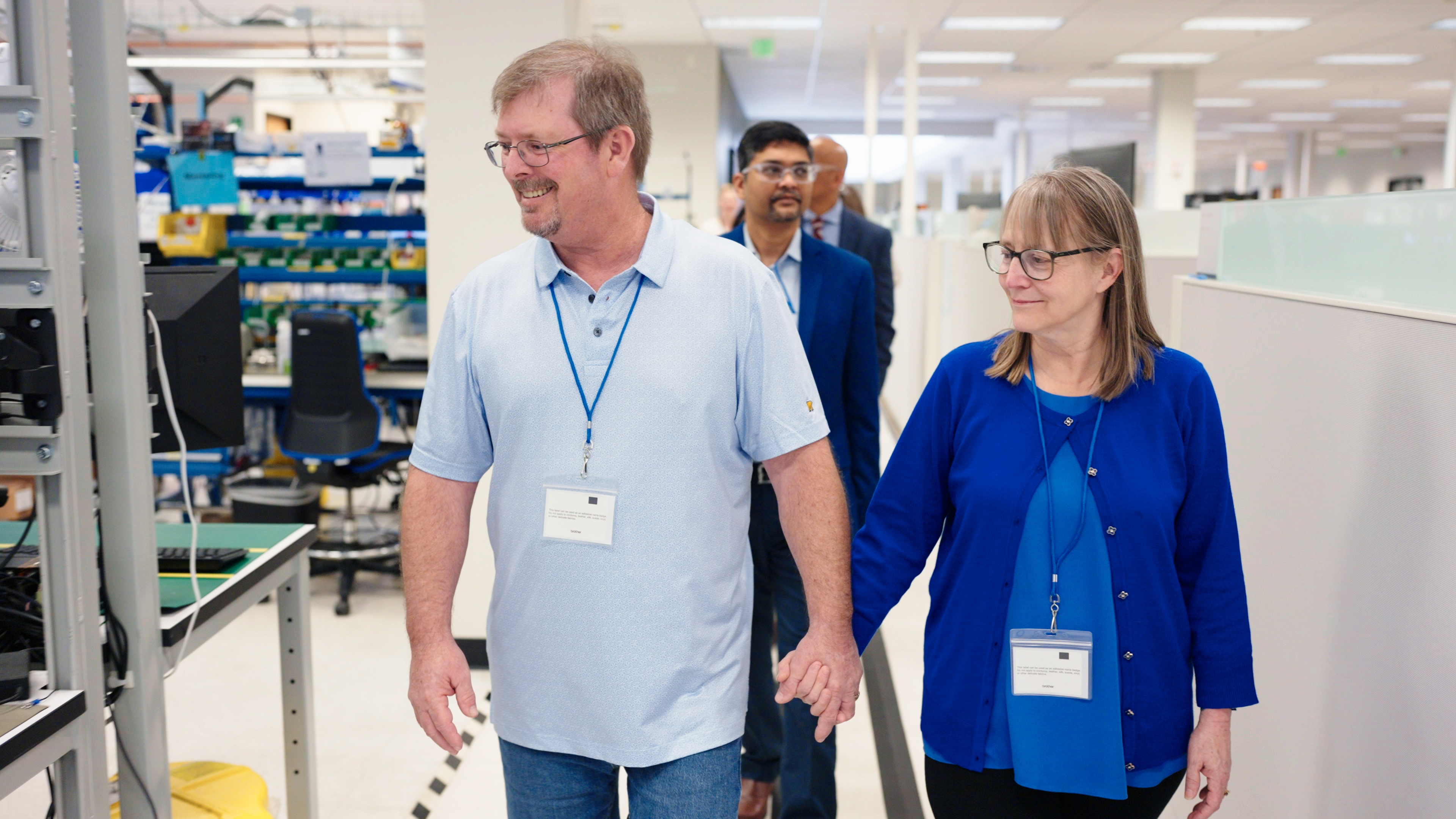 Patient Dan Larson and his wife Cindy Larson tour Intuitive's facilities in Sunnyvale CA with one of his physicians Dr. Abhishek Biswas.