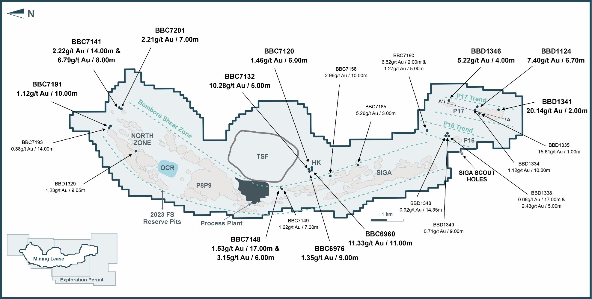 Bomboré Plan Map Highlighting Selected Intercepts