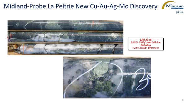 Figure 4 Midland Probe La Peltrie New Cu-Au-Ag-Mo Discovery