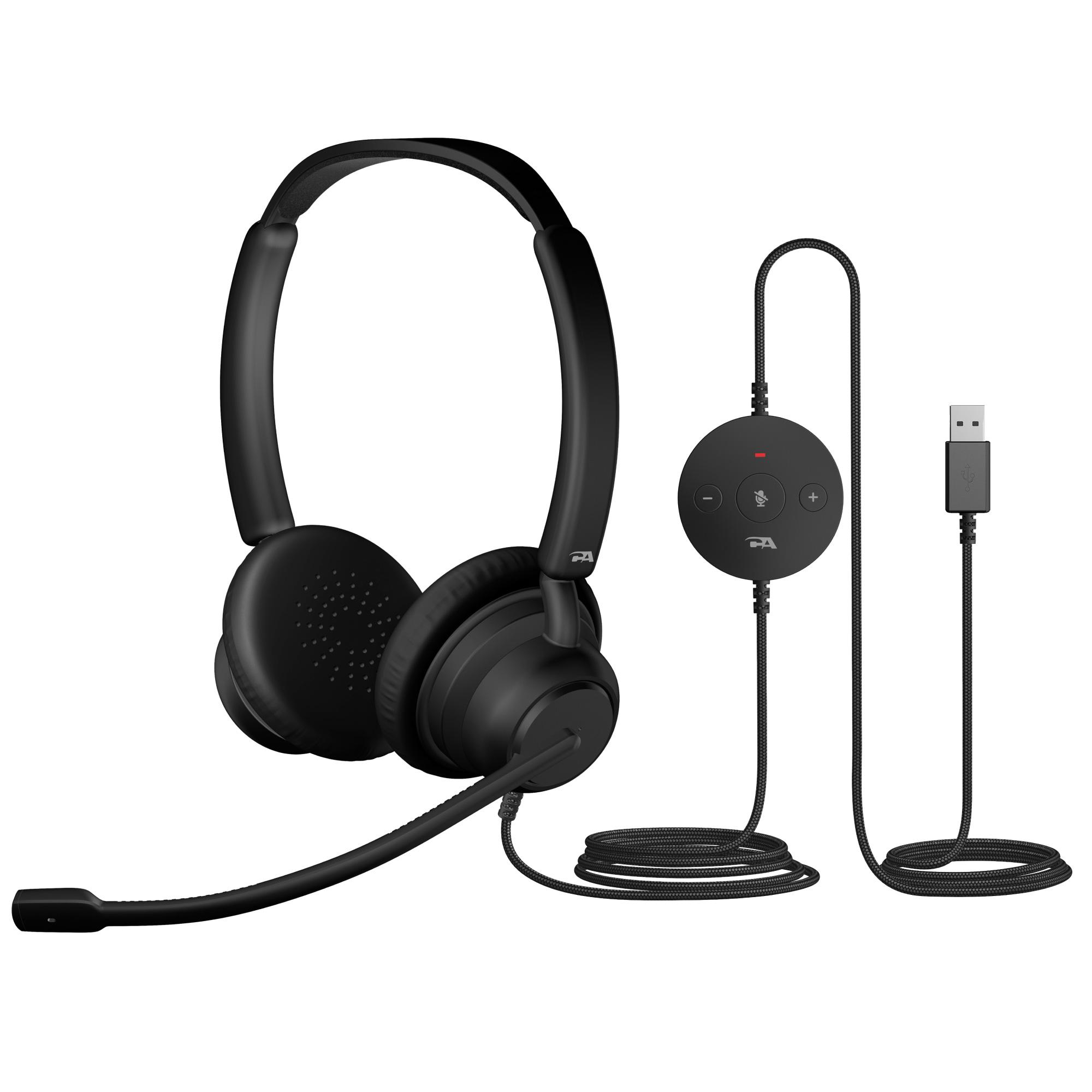 AC-204ENC headset with dual earcups, boom mic, and USB cable