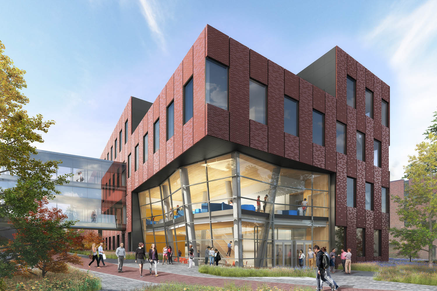 The Interdisciplinary Science Center for physics, chemistry, biology, and geology at Eastern Washington University places science prominently within the public life of the University. The 102,700 gross square foot facility is connected to the existing Science Building Center by two enclosed pedestrian bridges, forming a single integrated facility between the two structures. Image courtesy LMN Architects.