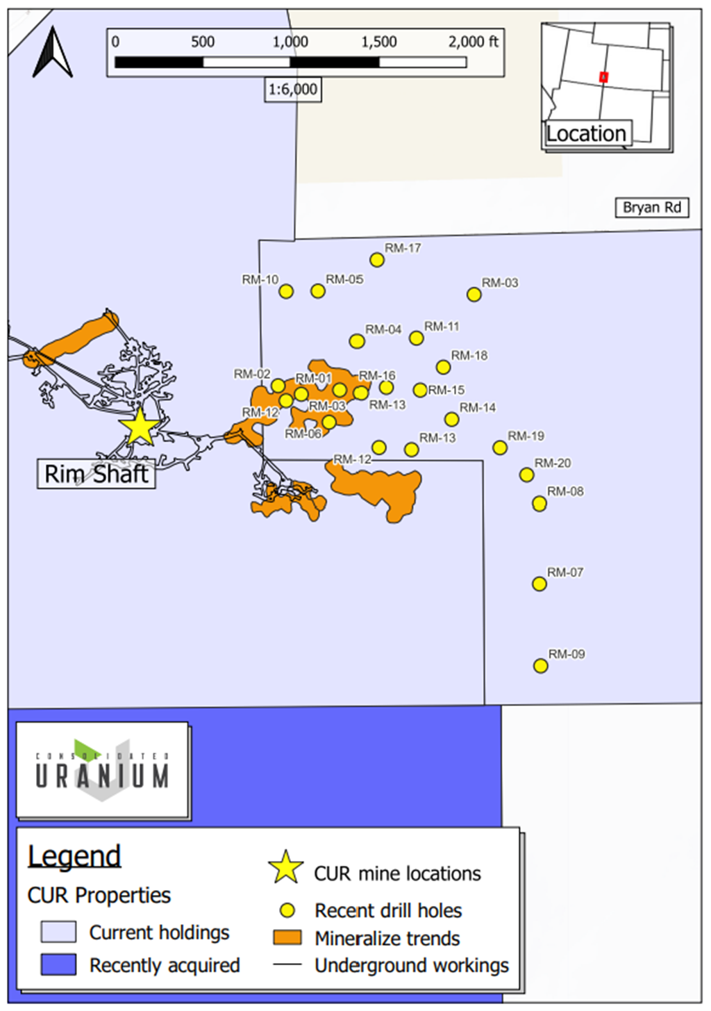 Plan view map of the Rim Uranium and Vanadium Mine with 2023 drill holes