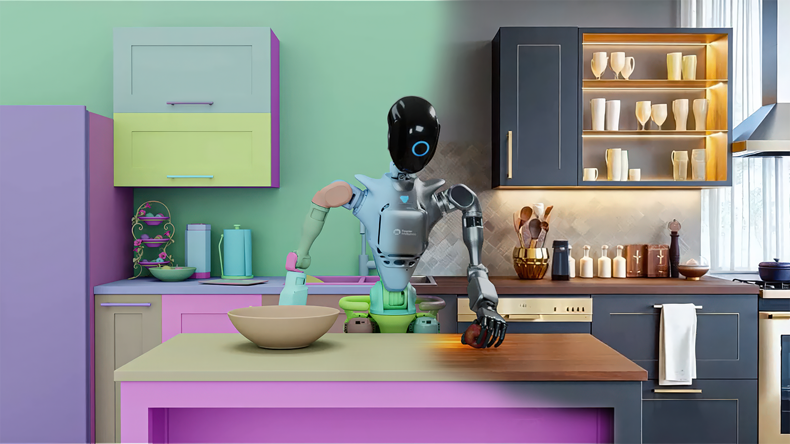 A humanoid robot in a kitchen setting, simulated with NVIDIA Cosmos.