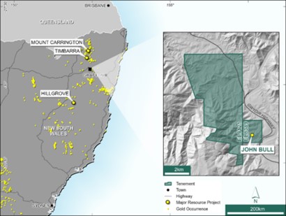 Location of the John Bull Gold Project in northeastern NSW, Australia 