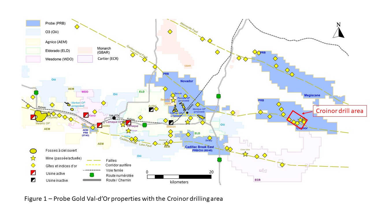 Probe Gold Val-d’Or properties with the Croinor drilling area