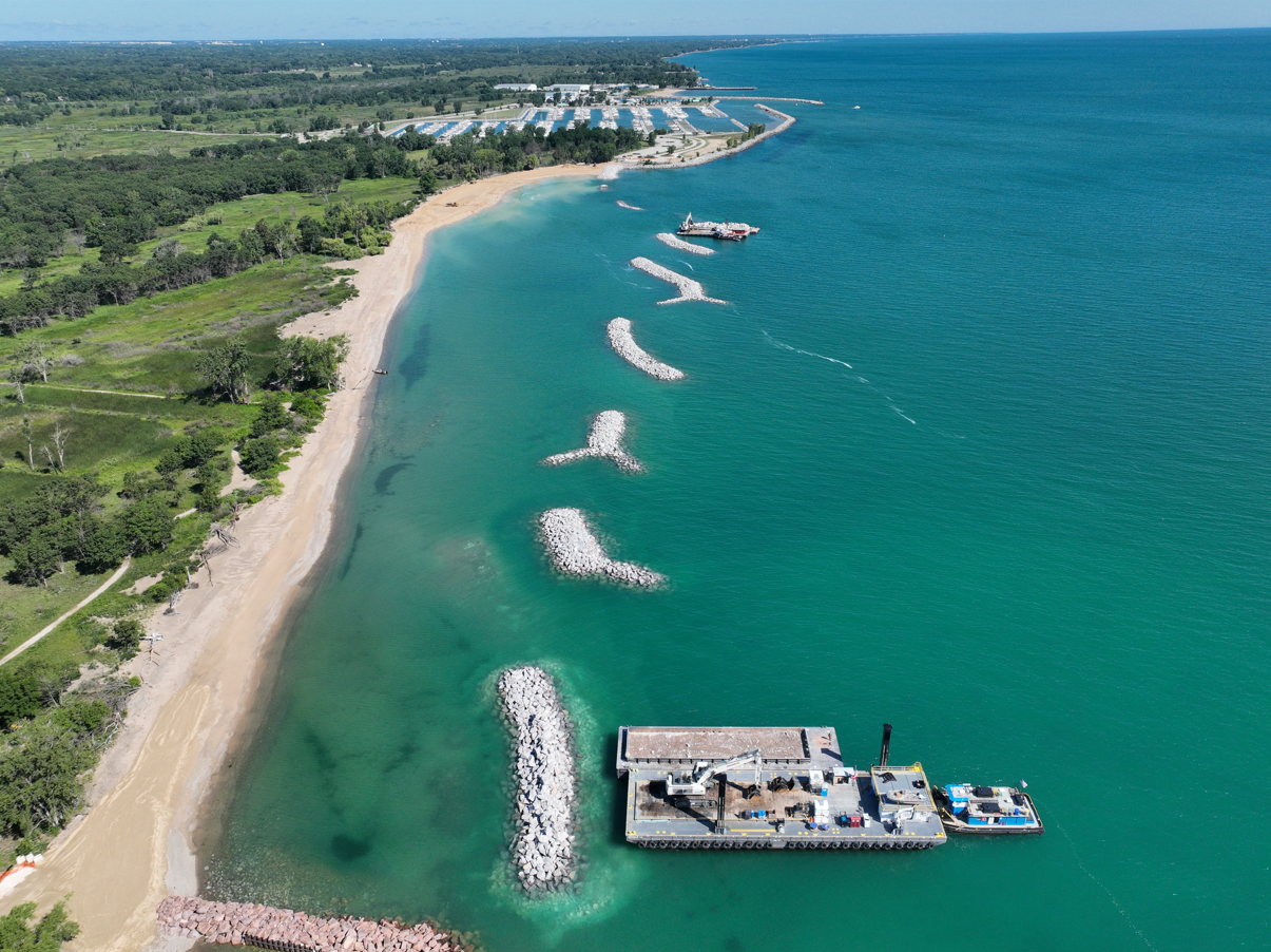 Beach and Breakwater Overview. Photo credit: Michels Construction, Inc.