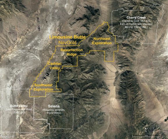 Figure 4: Plan view of the Limousine Butte district, including other active exploration projects. Both the Resurrection Ridge and Cadillac Valley areas are currently being drilled as per the January 19, 2022 news release.