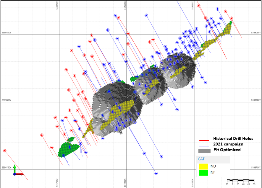 Plan map of the Alexo South MRE showing historical drill holes (red), 2021 Class 1 drill holes (blue), the pit optimized shell (grey)