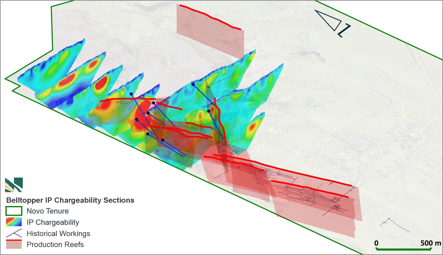 Belltopper IP chargeability sections with key gold reefs (red lines) and historic mining infrastructure depicted.