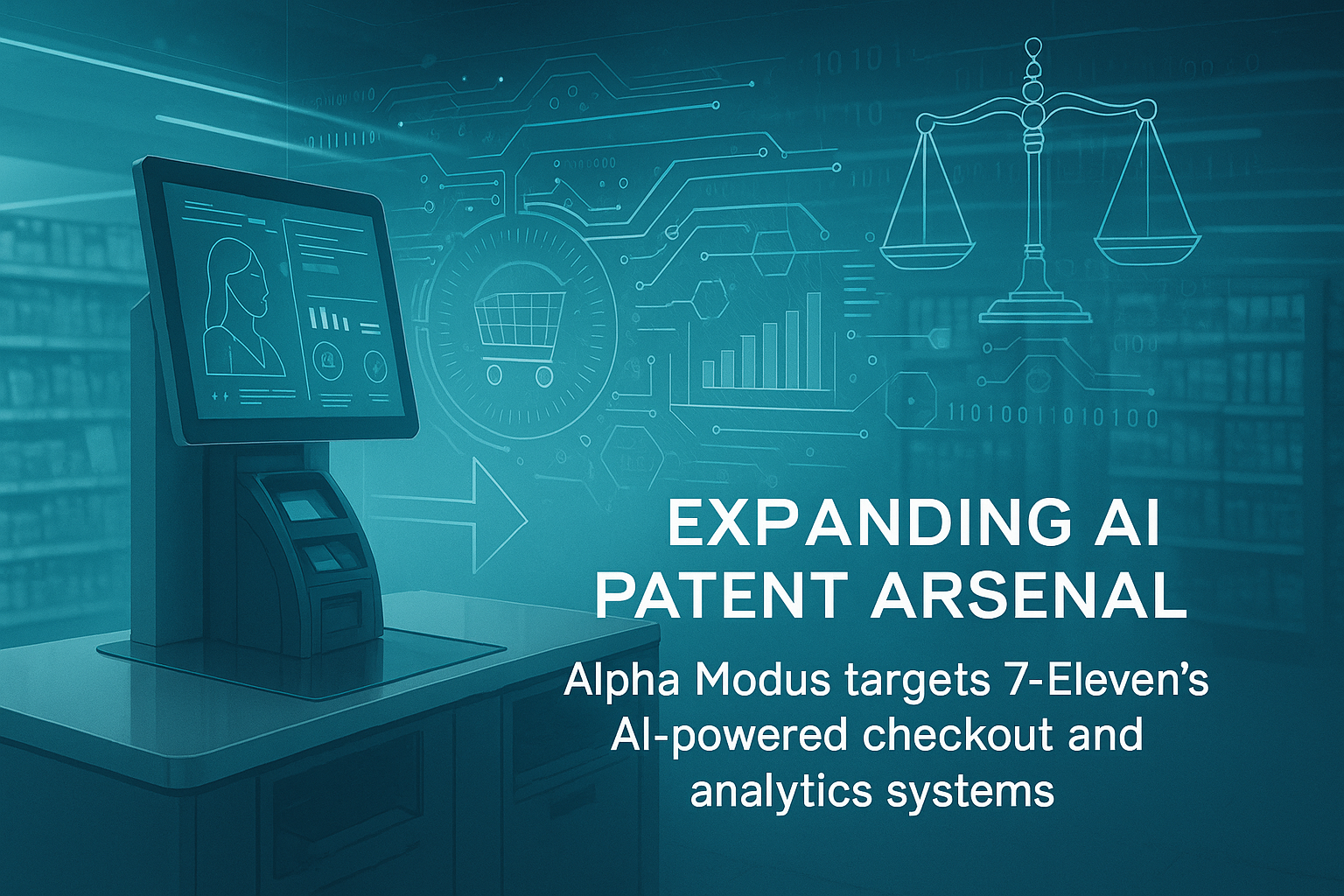 Abstract AI retail checkout with digital legal motifs symbolizing patent enforcement