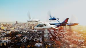 Electric aircraft flying over cityscape