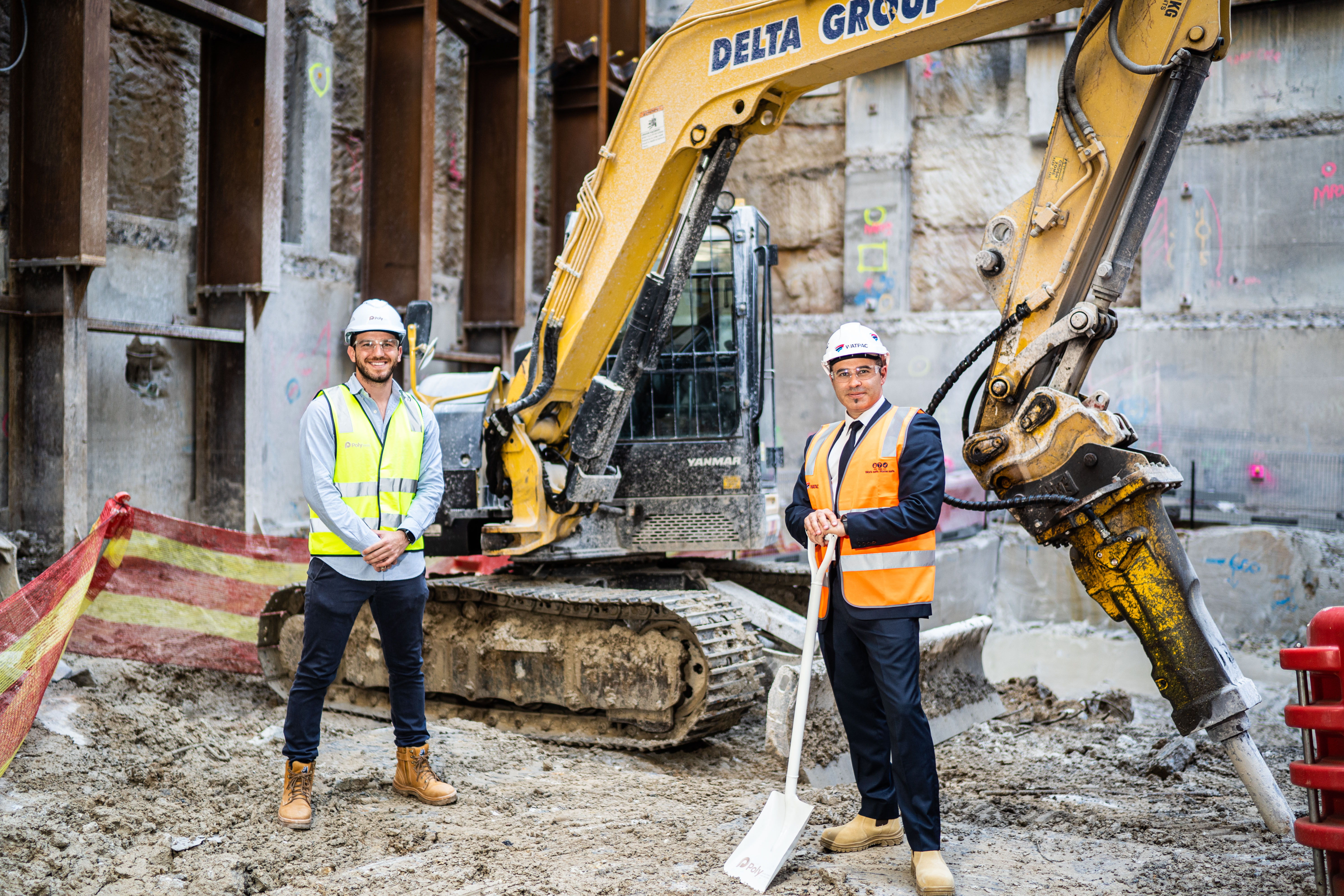 Poly Global Acting Head of Project Management Steven Anastasopoulos and Watpac Project Director Giovanni Polimeni at the Poly Centre Sydney Ground Breaking Ceremony 