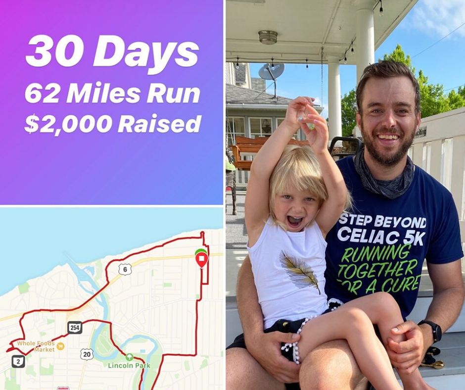 Brad Tunstall of Lakewood OH ran 20 Step Beyond Celiac 5Ks in the month of May for a total of 62 miles, raising $2,000 for celiac disease research.