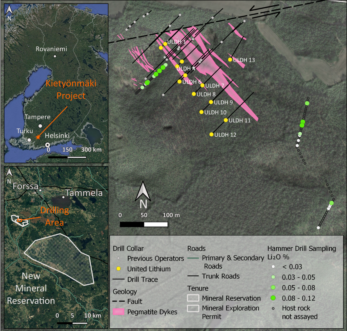 Kietyönmäki Project location and location of drill holes completed to date.