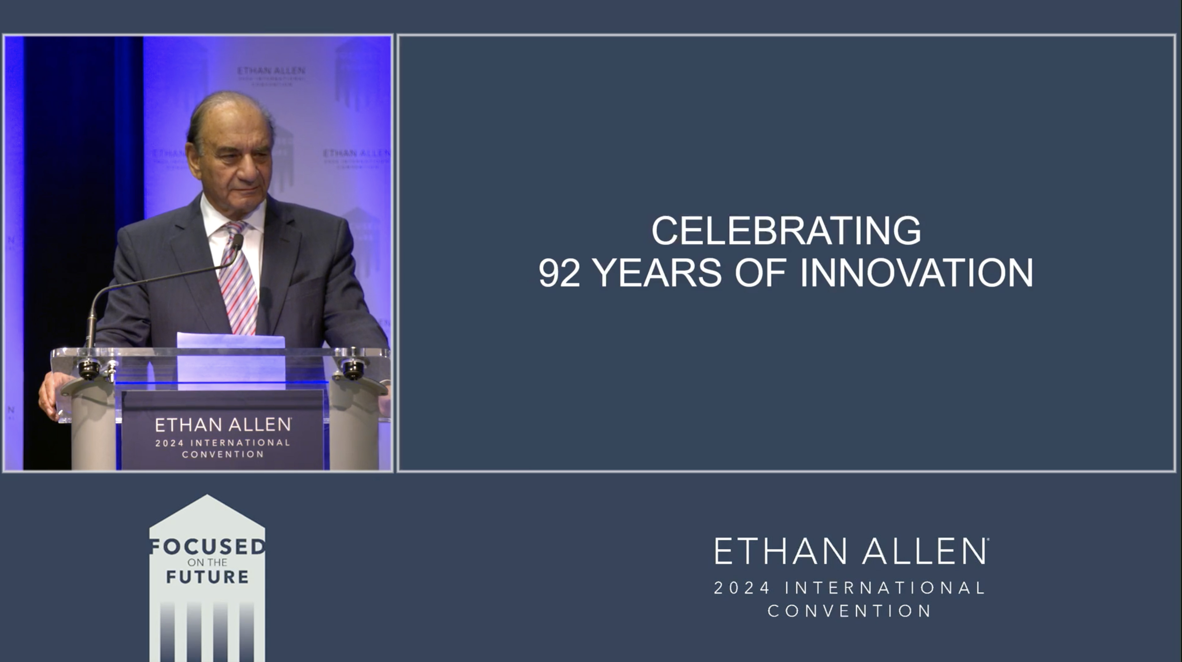 Chairman, President and CEO Farooq Kathwari greeted about 4,000 live and virtual audience members at Ethan Allen's 2024 convention.