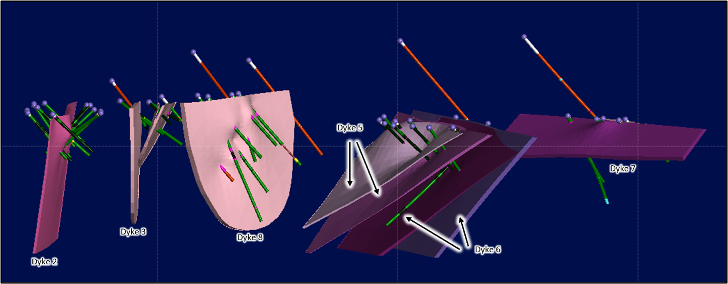 Figure 3: 3D model of showing the proposed shape and relationship of Dyke 2, 3, 5, 6, 7, and 8 with previous intersecting drill holes.