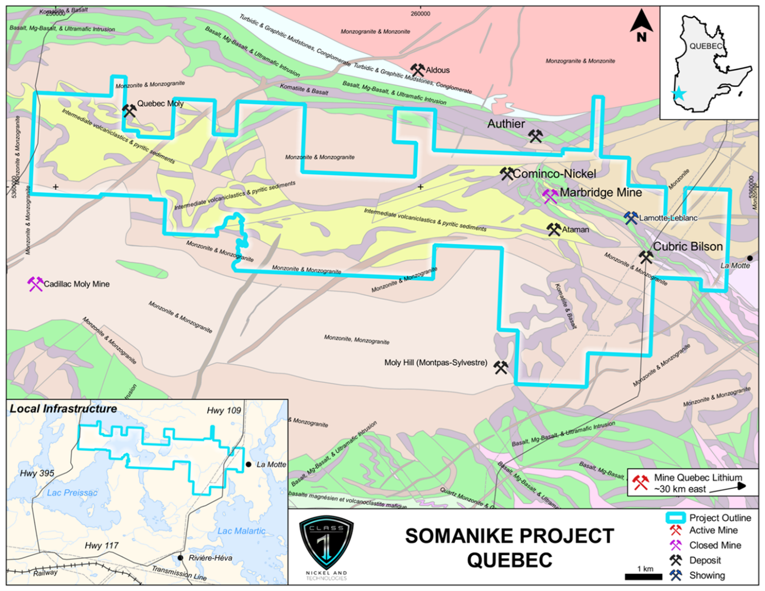 Location of the Somanike Nickel Sulphide Project near the City of Val-d’Or, Quebec (geology modified from Pilot et al., 2014).