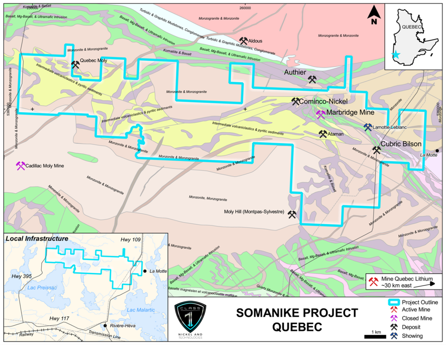 Location of the Somanike Nickel Sulphide Project near the City of Val-d'Or, Quebec (geology modified from Pilot et al., 2014).