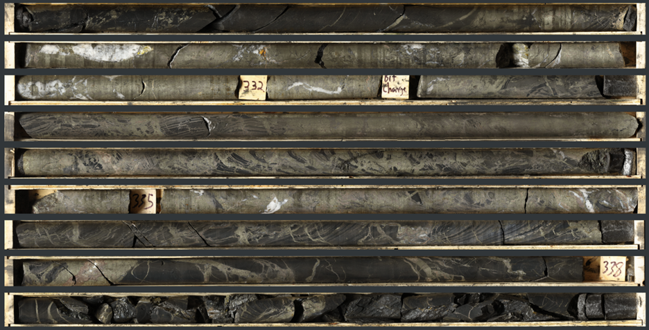 Photo 1: High resolution core scanning image of stratiform and massive to semi-massive sulphide mineralization in NB23-019 (329.4 m to 338.6 m).