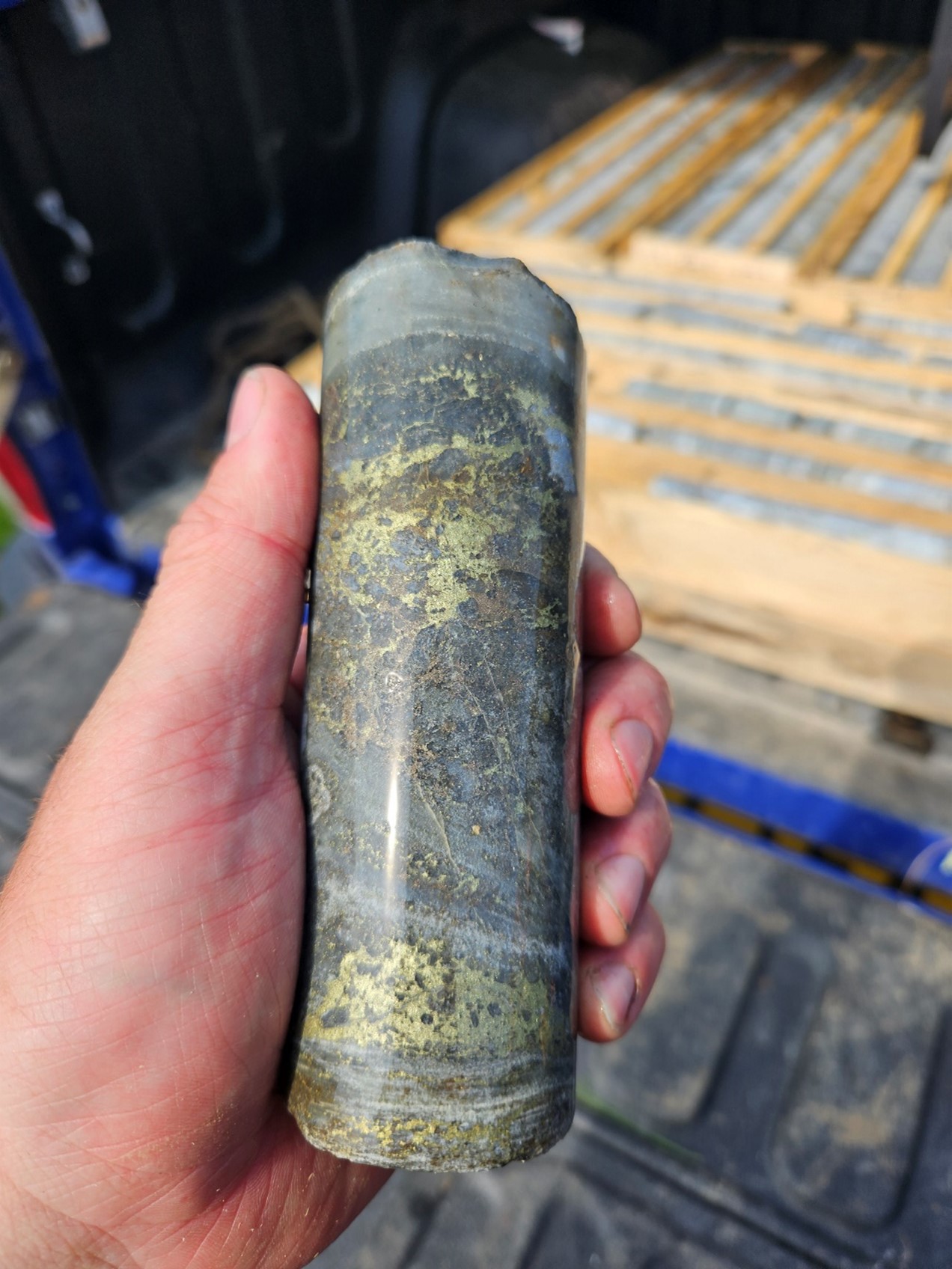 Section of drill core from hole 23-GL-02 showing rich chalcopyrite (a sulphide mineral that contains approximately 34% copper by weight).