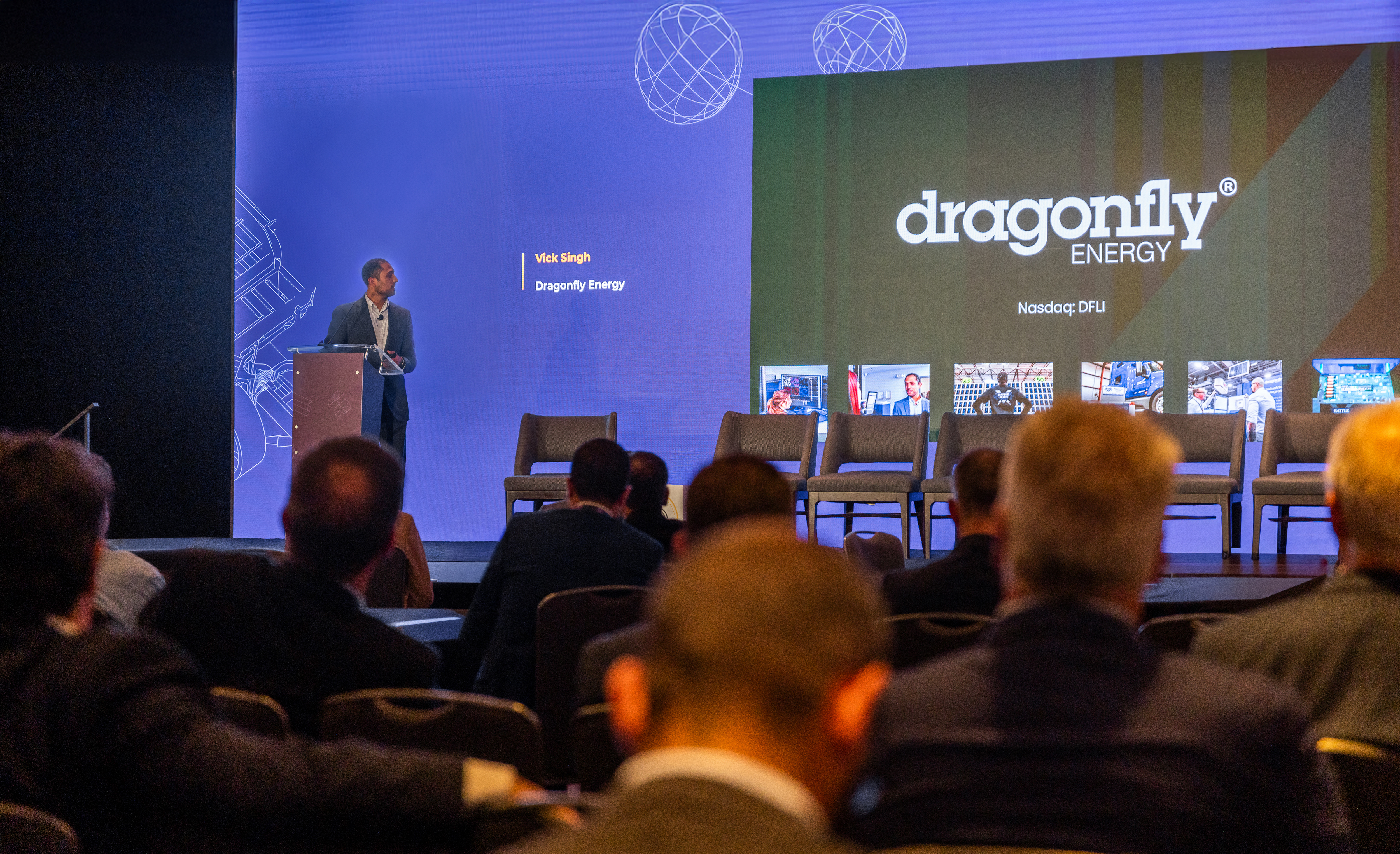 Dragonfly Energy Speaking on Stage - Dr Vick Singh
