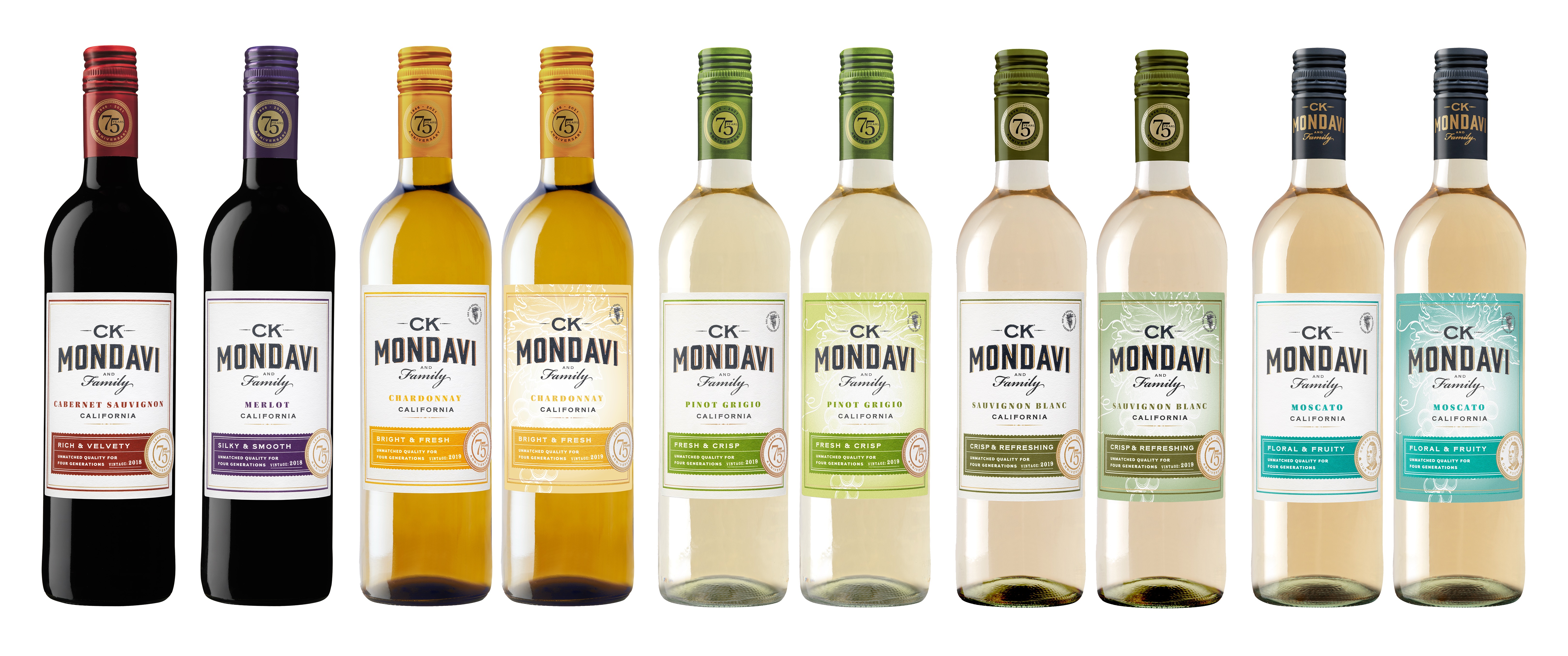 New thermochromic ink labels on the CK Mondavi and Family white wines transform from a light cream color at room temperature to bright, full color when properly chilled, at approximately 55 degrees Fahrenheit. 