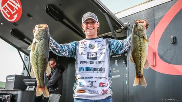 Rookie pro Bailey Boutries of Daphne, Alabama, brought a five-bass limit to the scale Friday weighing 20 pounds, 6 ounces, to take the lead after Day Two of the FLW Tour at Grand Lake presented by Mercury Marine.