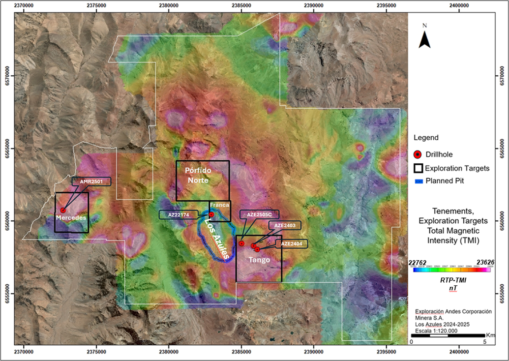 Figure 1: Los Azules deposit (outlined in blue), and exploration targets Mercedes, Porfido Norte, Franca and Tango (black squares). Satellite image wi