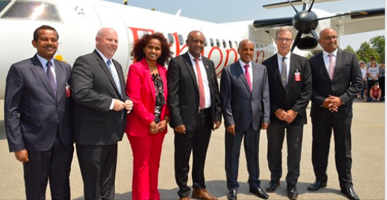 Photo: Legesse Geremew Haile, deputy head of mission, Ethiopian Embassy -Ottawa; Todd Young, COO, DeHavilland Aircraft of Canada Ltd; Nasise Challi Jira, ambassador extraordinary and plenipotentiary, Ethiopian Embassy-Ottawa; Birhan Abate, country manager, Ethiopian Airlines Canada; Tewolde GebreMariam, Group CEO, Ethiopian Airlines; David Timmins, sales manager, Canada, Ethiopian Airlines; Sameer Adam, regional vice-president, sales, Europe, Russia & CIS Middle East & Africa De Havilland Aircraft of Canada Limited.