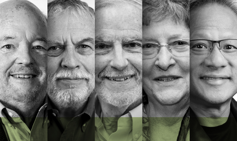 Fellow Honorees pictured from left to right: Allan Alcorn, Nolan Bushnell, Steven Mayer, Elizabeth "Jake" Feinler, and Jensen Huang