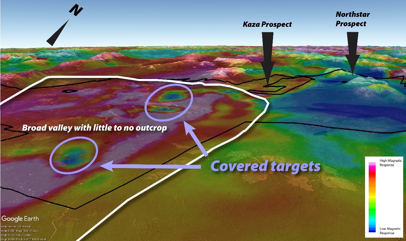 Google earth imagery with regional total magnetics overlain showing complex high amplitude magnetic response under broad valley.