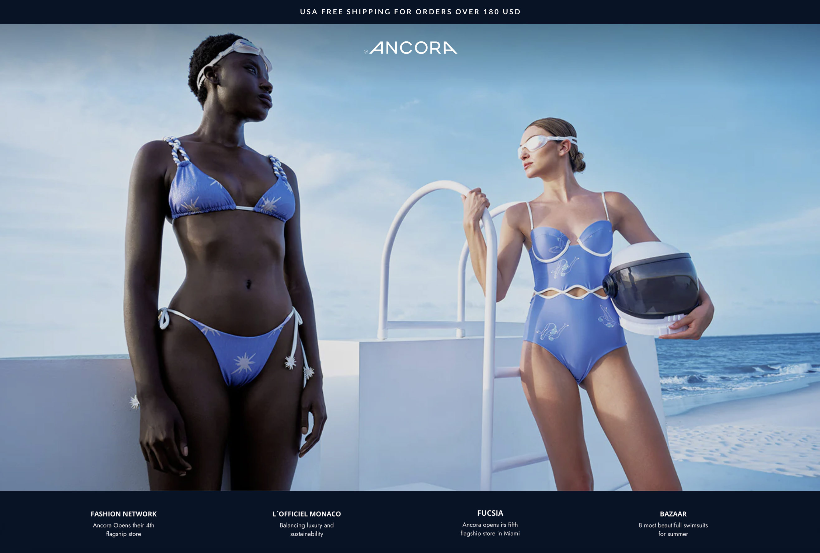 Ancora Swimwear premium Colombian resort swimwear collection featuring high-waisted bikini and one-piece designs.