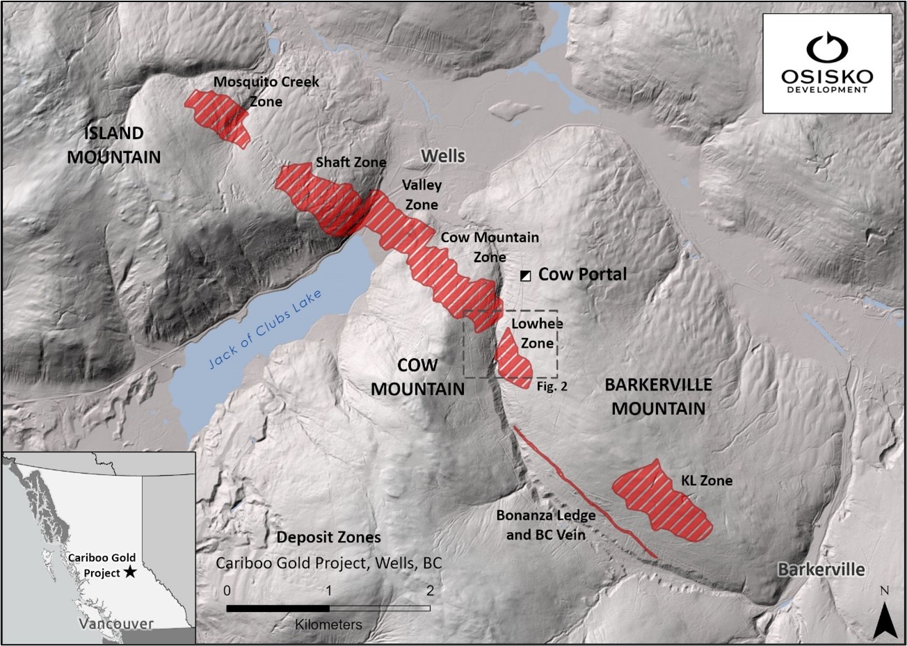 Cariboo Gold Project deposit map with Location of Lowhee Zone and Cow Portal underground access. 
