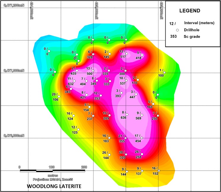 Woodlong Laterite Assays by Sc ppm (other figure intercept length)