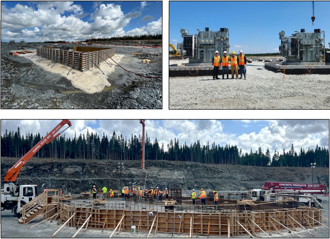 Concrete Slab and Formwork, SAG/Ball Mill (top left), Transformer Installation (top right), Tailings Thickener Concrete Pour (bottom). All July 2023