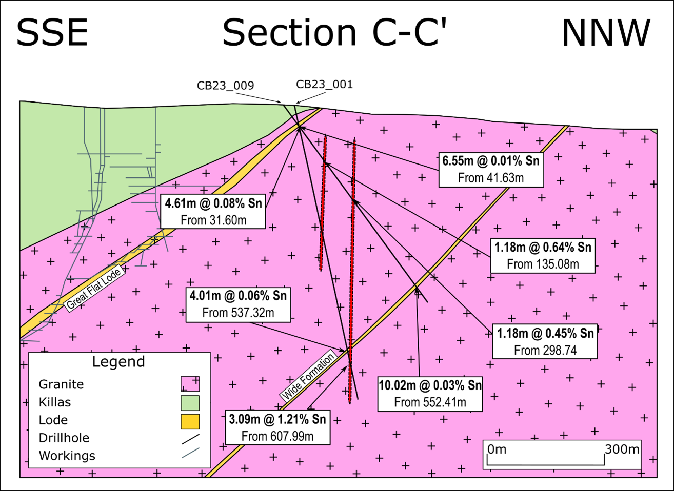 Section C-C' (looking west) showing CB23_001 and CB23_009.