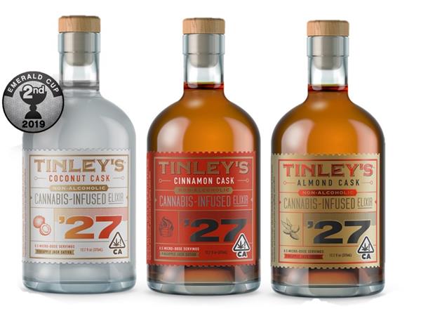 Tinley’s™ ’27 elixirs Coconut Cask, Cinnamon Cask and Almond Cask, which will be manufactured by Peak in Canada (California packaging shown)