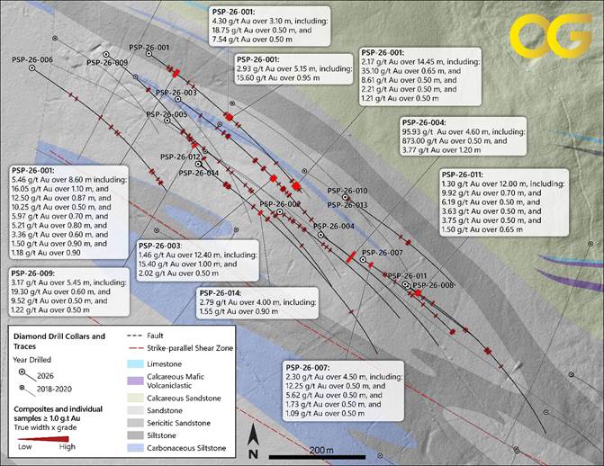 FIGURE 3: Plan view of Proserpine diamond drilling with select intercept highlights.