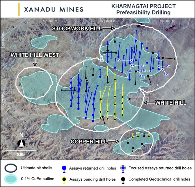 Kharmagtai copper-gold district showing currently defined mineral deposits and planned Phase One Resource infill drill holes.