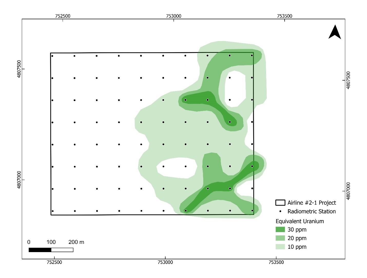 The Airline #2-1 claim with equivalent uranium contours. High-concentration zones are clustered primarily in the northern and eastern parts of the survey area.