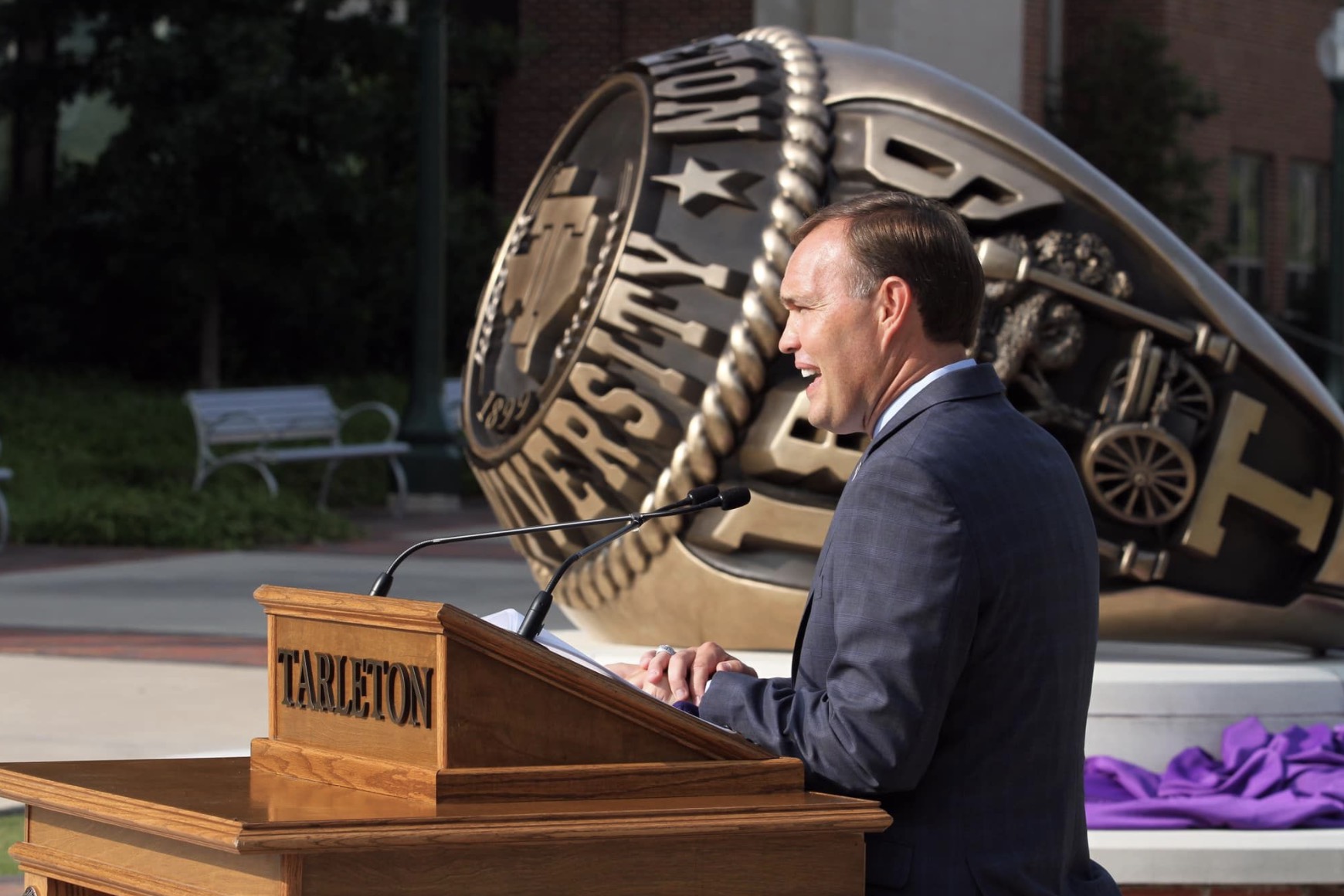 Tarleton State University President Dr. James Hurley at the unveiling of their Official Ring statue earlier this school year. 