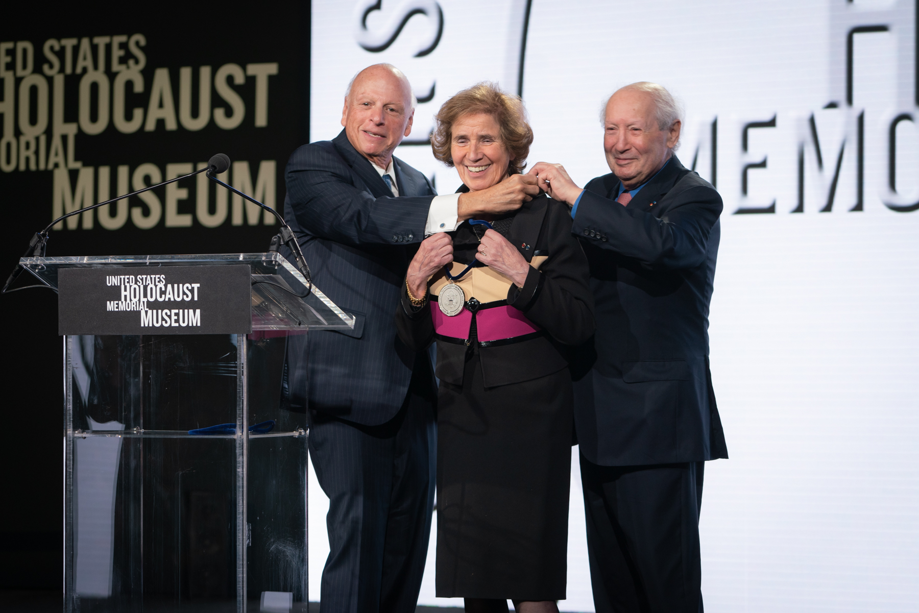 Serge and Beate Klarsfeld receive the 2019 Elie Wiesel Award, the United States Holocaust Memorial Museum’s highest honor, for their contributions to Holocaust memory, education and justice from Museum Chairman Howard Lorber. Credit: Carl Cox for U.S. Holocaust Memorial Museum
