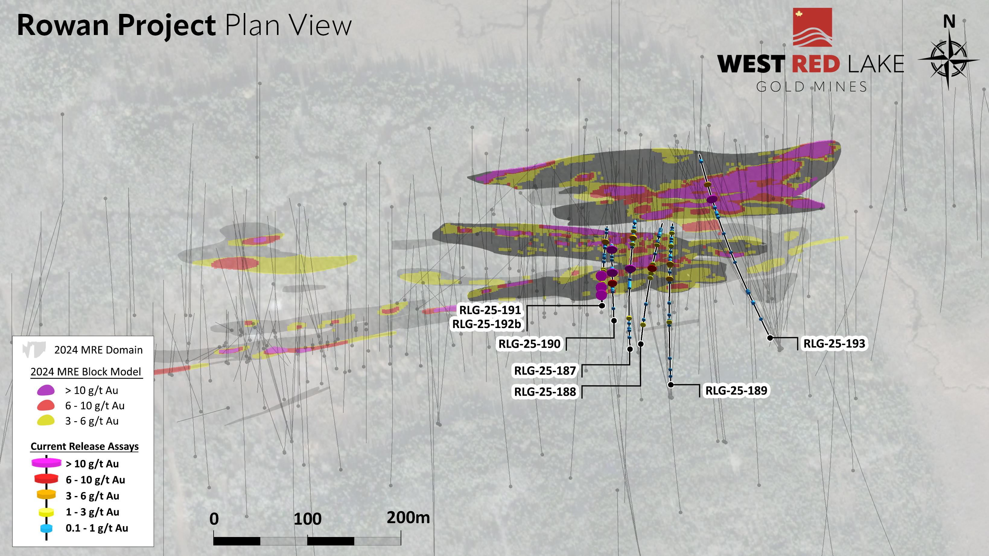 FIGURE 4. Deposit-scale plan map of Rowan project area showing traces and intercepts for holes highlighted in this News Release image