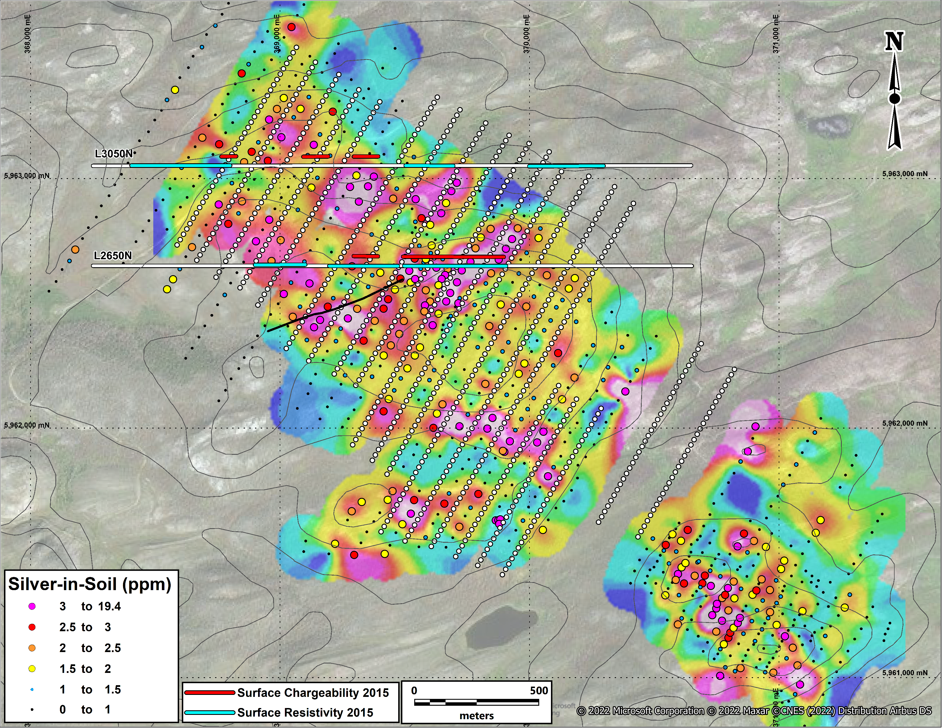 Figure 3 - Silver in Soil Values, Samples Underway (White Dots), and 2 Lines of 2015 IP