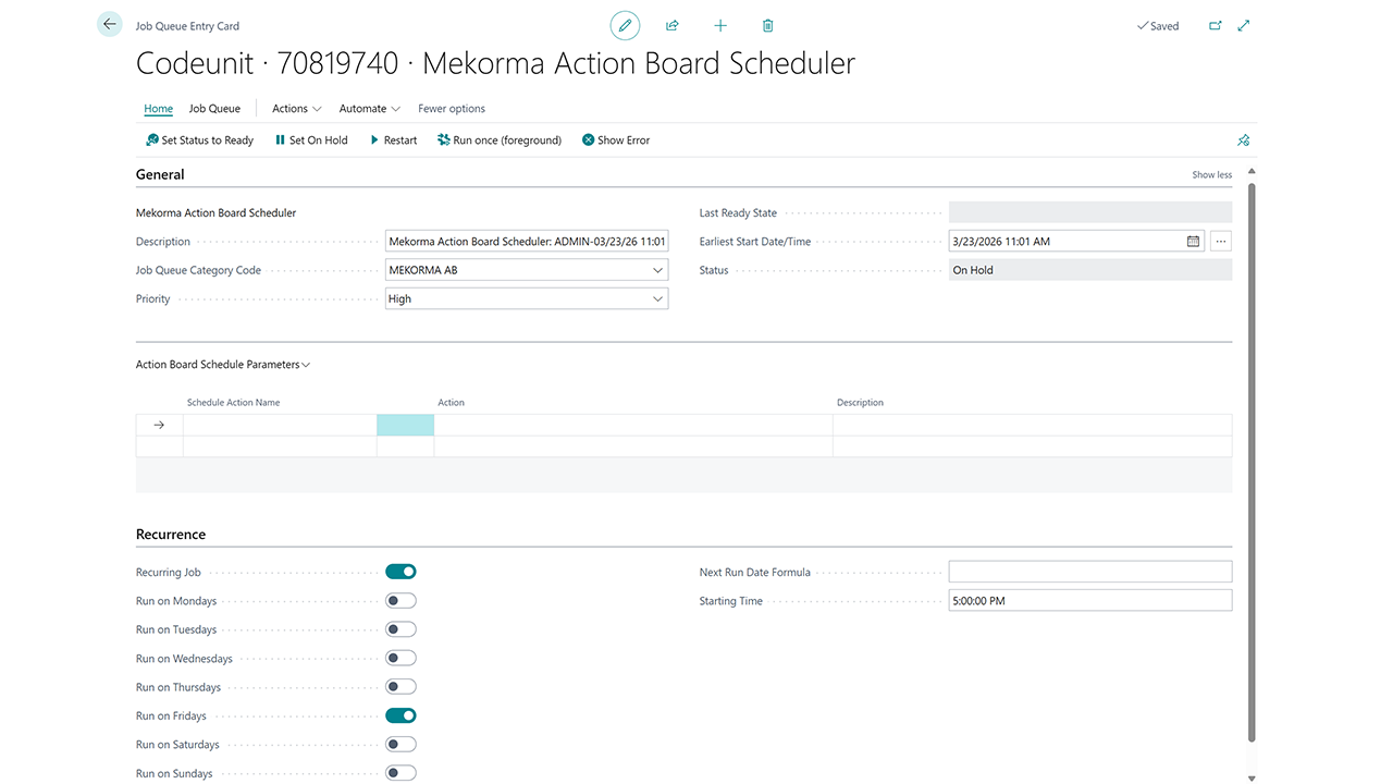 Mekorma Action Board Scheduler in Business Central enables AP teams to automate and schedule payment batch processing with full control over timing and approvals.