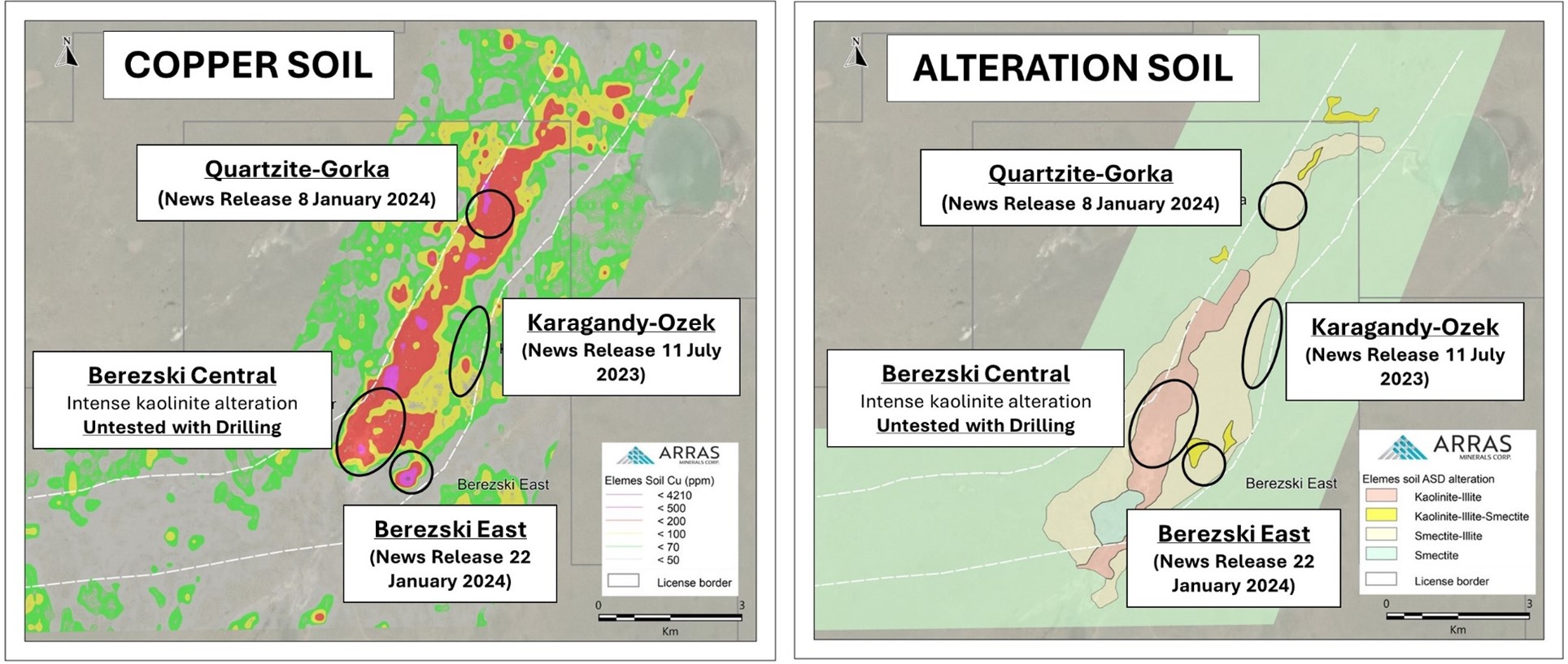 Soil anomaly maps showing copper results and the alteration map. Also shown are the locations of the re-assayed drillholes located at Quartzite-Gorka and Berezski East as well as Karagandy-Ozek, a high-grade gold-silver epithermal zone.  The intensely altered Berezski Central zone is also shown which is co-incident with the 2.8 kilometer x 1.6 kilometer molybdenum soil  anomaly (see figure 4).