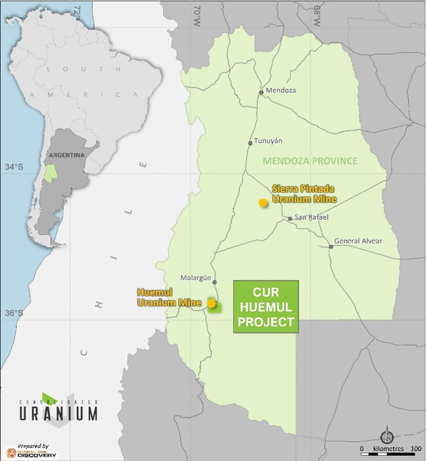 Map showing location of the Huemul Project in Argentina located in proximity to the Comisión Nacional de Energía Atómica’s Seirra Pintada Uranium Mine