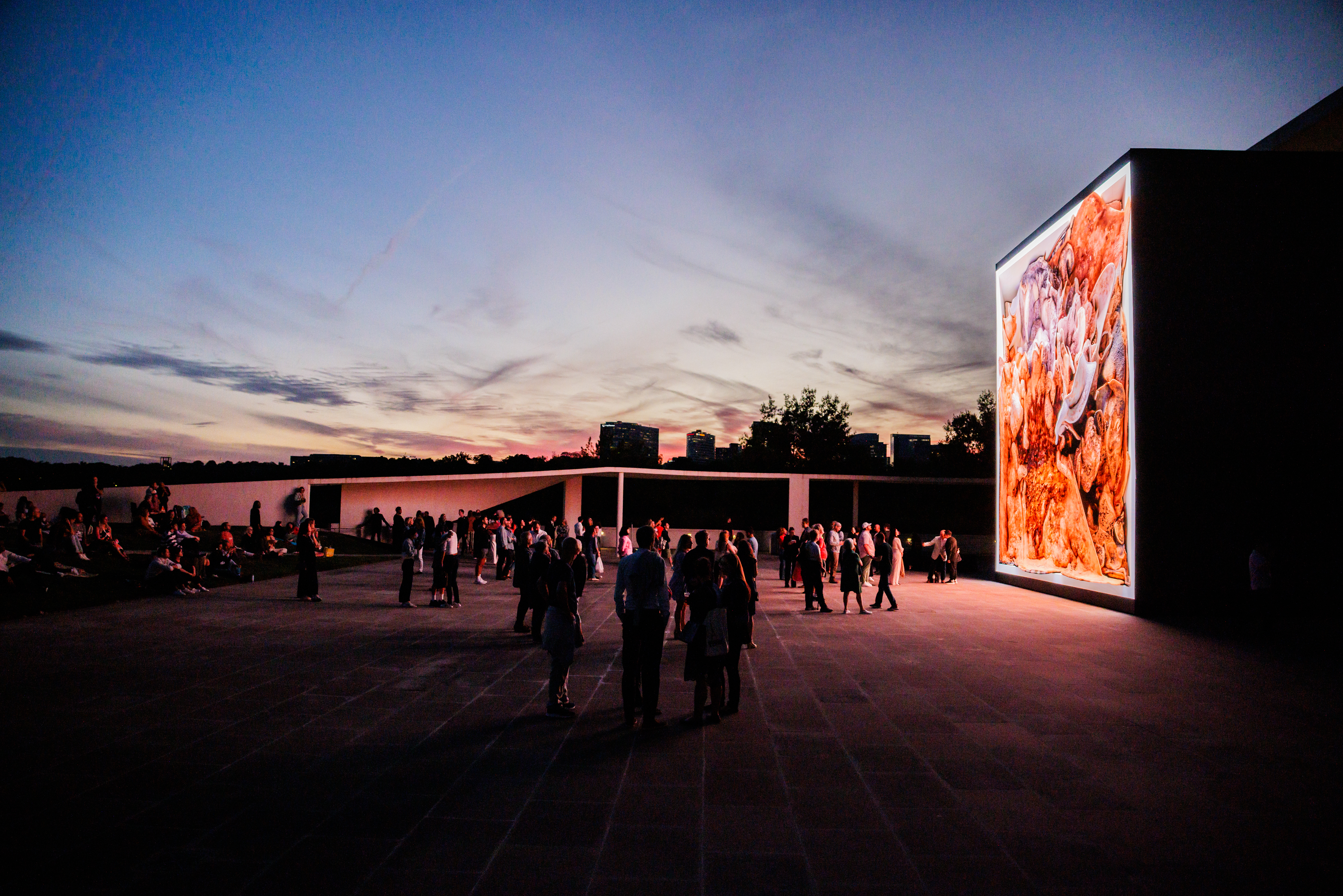 Visitors look towards Dvorak Dreams, a digital installation by Refik Anadol