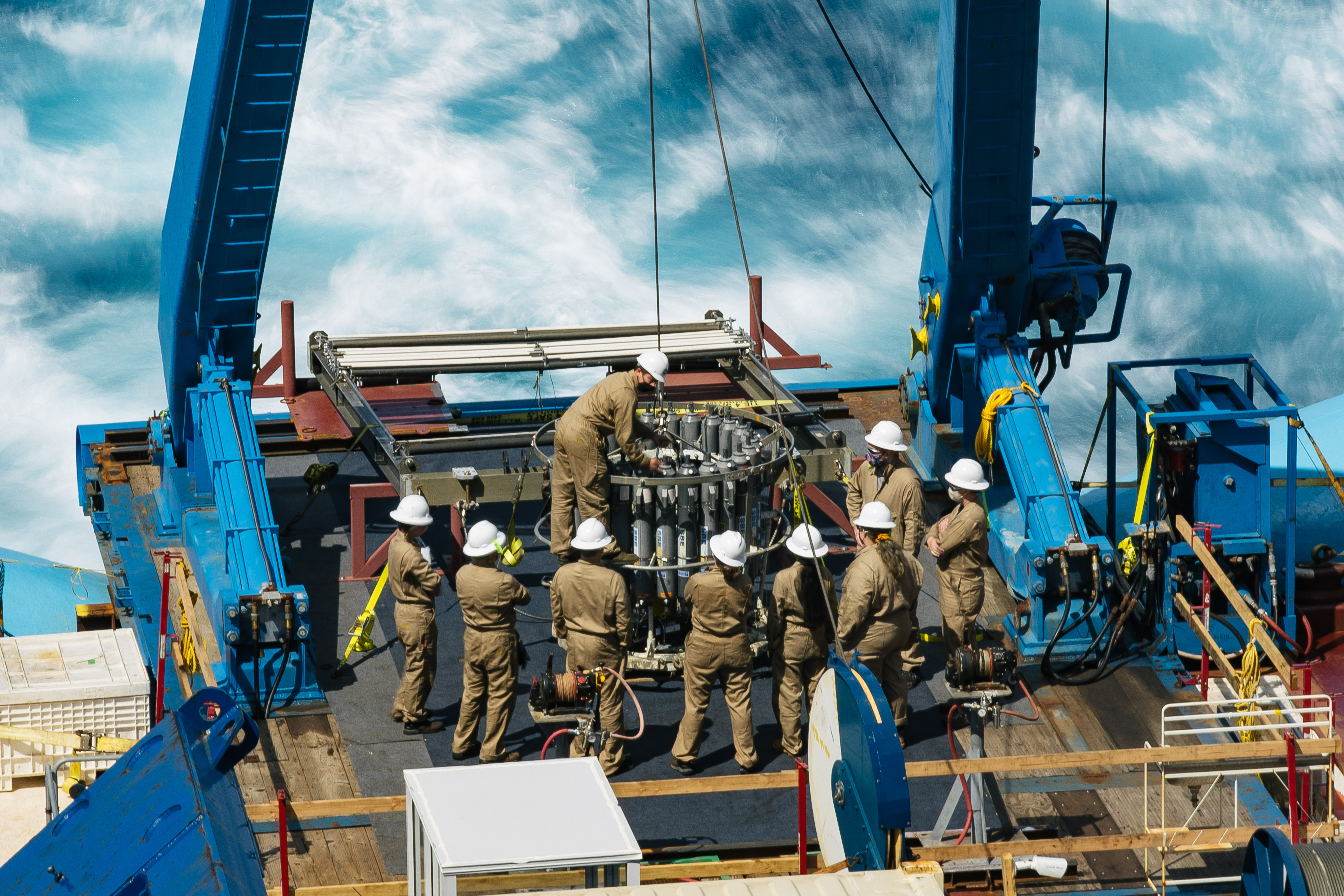 Scientists prepare to launch a CTD rosette which gathers key data on water temperature, salinity, density and turbidity and can be used to measure suspended sediment and model the propagation of sound.